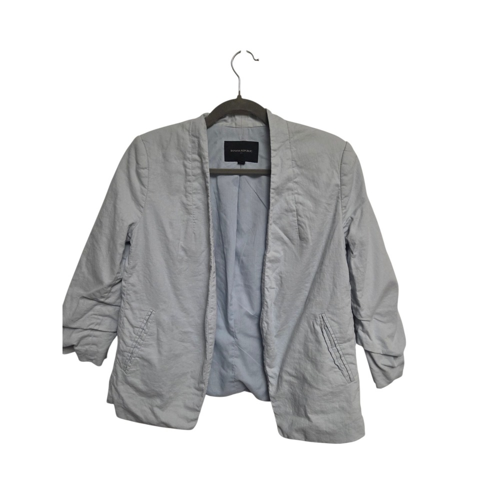 Banana Republic Womens Blue Linen Blend Ruched 3/4 Sleeve Open Front Blazer‎ 8